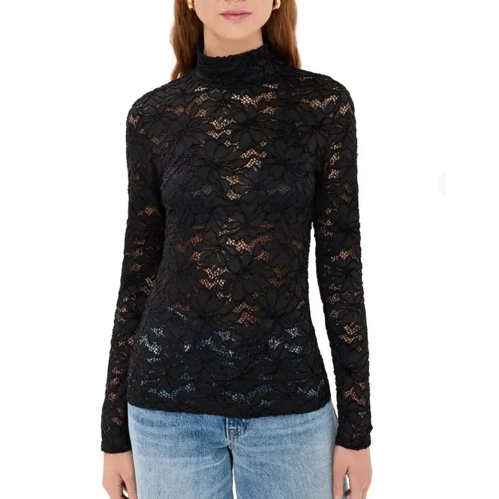Hill House Home The Pia Lace Top Floral Mock Neck Long Sleeve Black XL Romantic